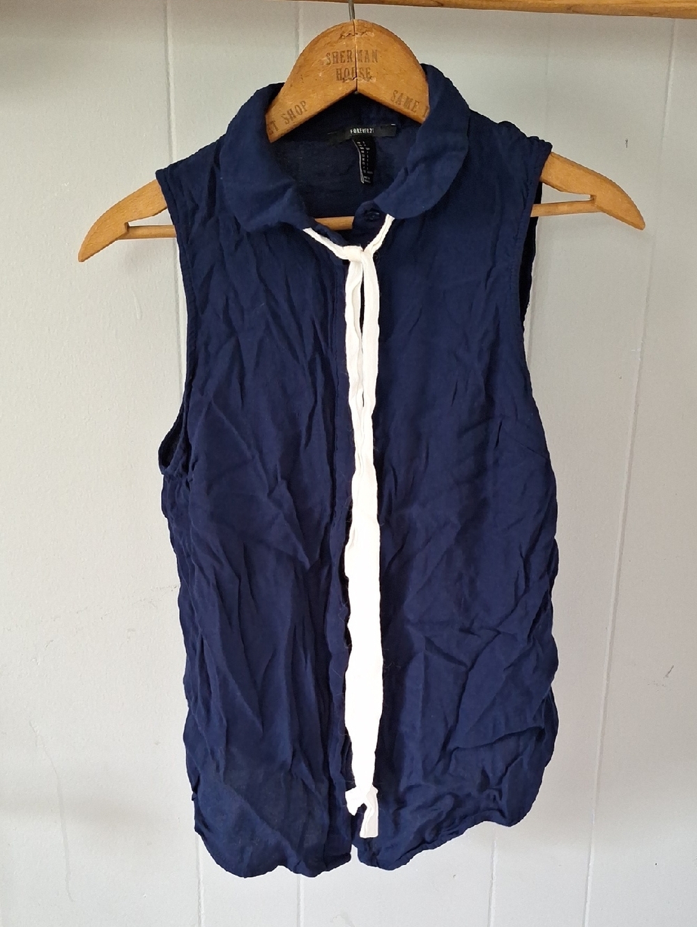 Forever 21 Navy Sleeveless Collared Camisole with White Tie